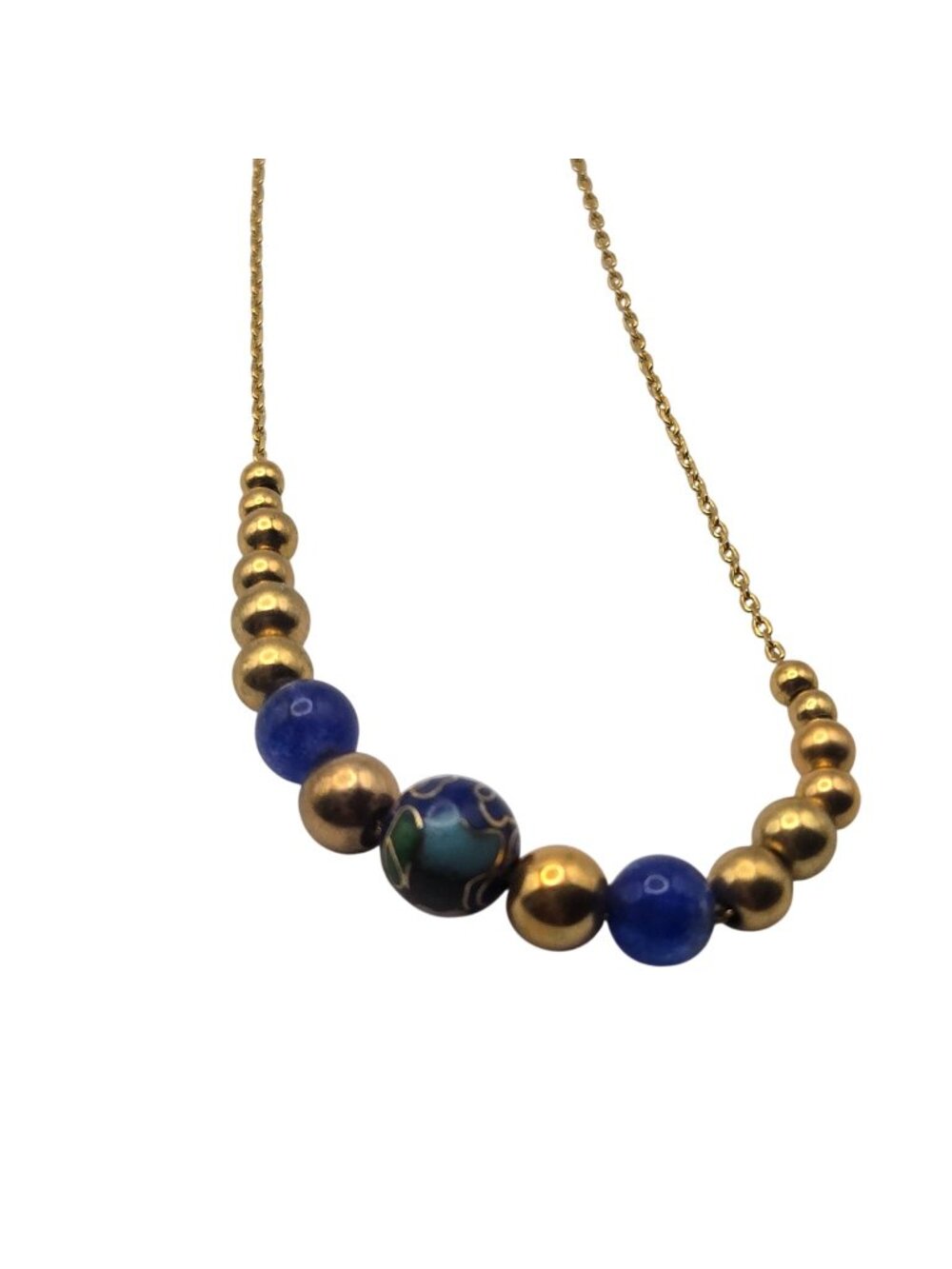 Vintage Gold Over Sterling Silver 925 Blue Lapis Lazuli Cloisonné Beaded Necklac